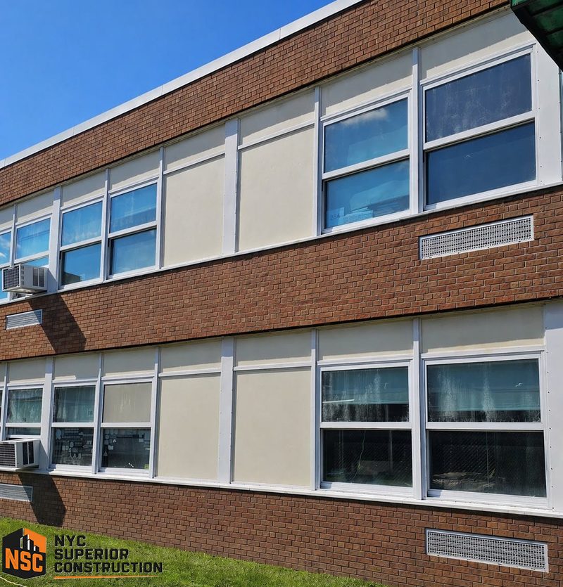 Completed brick school building elevation with refinished spandrel panels and new sealant at the window perimeters