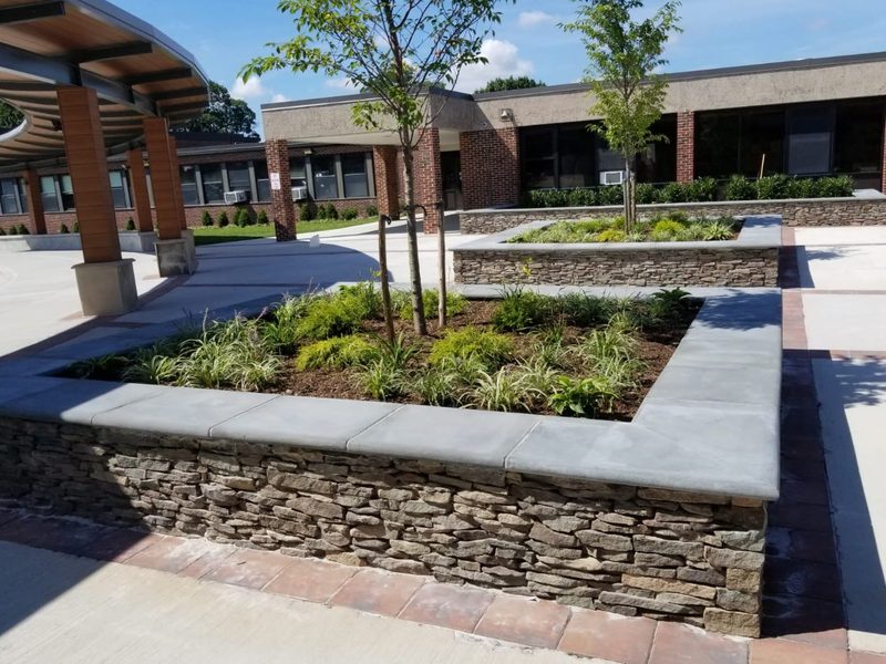 Completed Roslyn High School courtyard with dry-laid stone veneer seat walls, cast concrete caps, new plantings and concrete paving